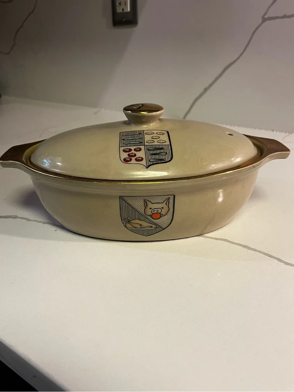 Cream Ceramic Covered Casserole Dish with Gold Trim